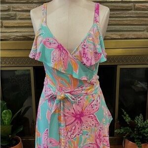 Lilly Pulitzer Aqua and Pink Floral Midi Dress